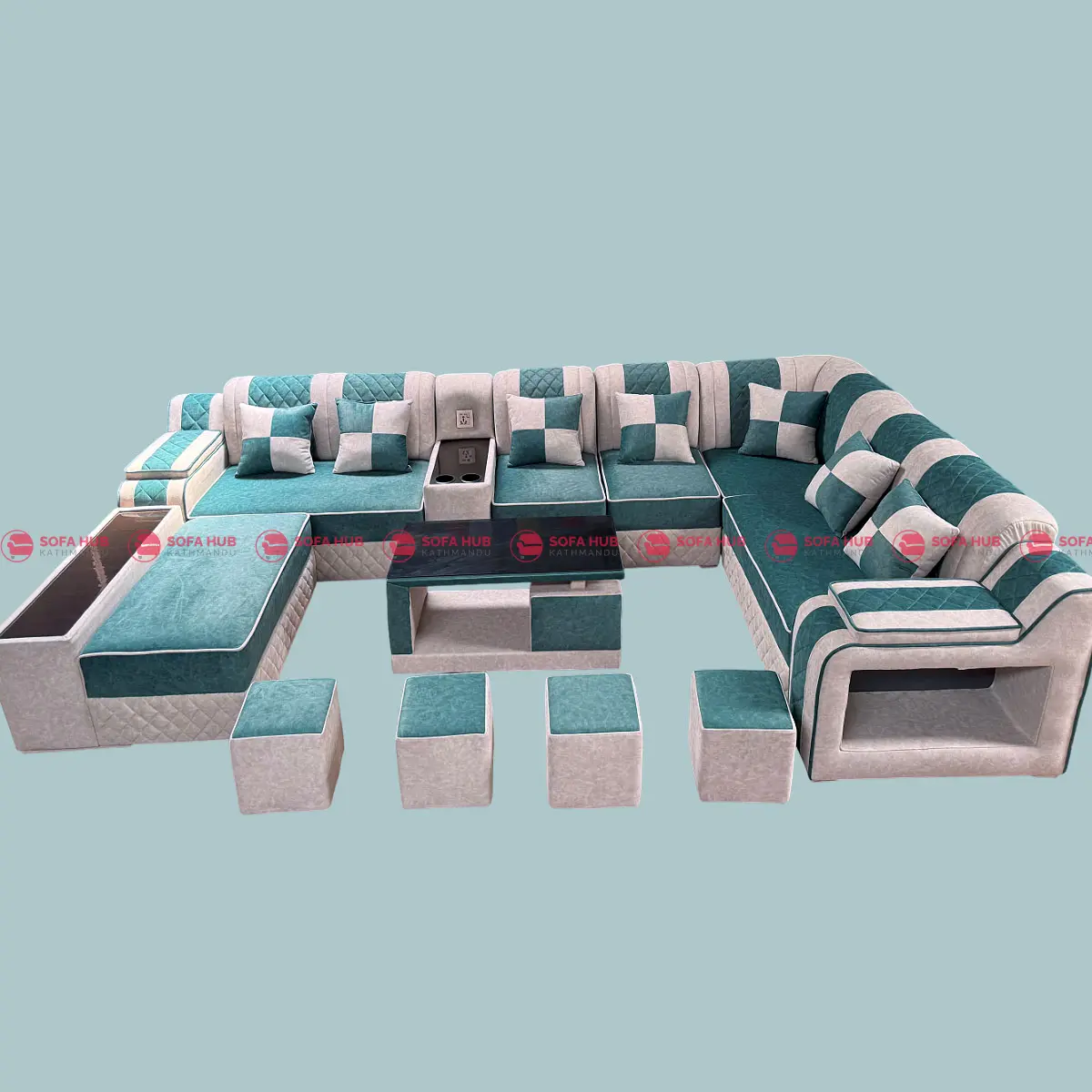 Green color U-shaped sofa