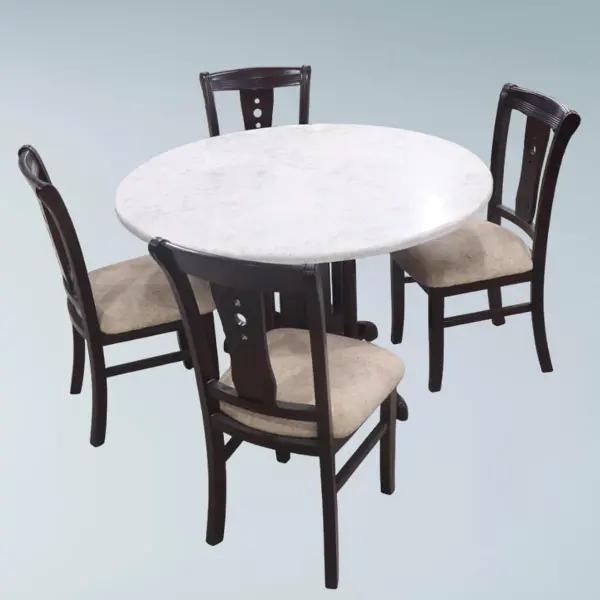 Royal Marble Round Dining Table – 4 Seater Wooden Base | Elegant White Stone Top