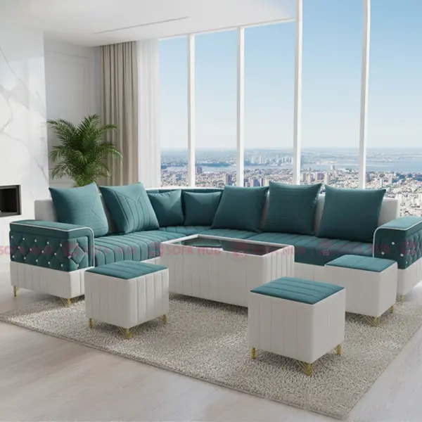 green and white modular sofa