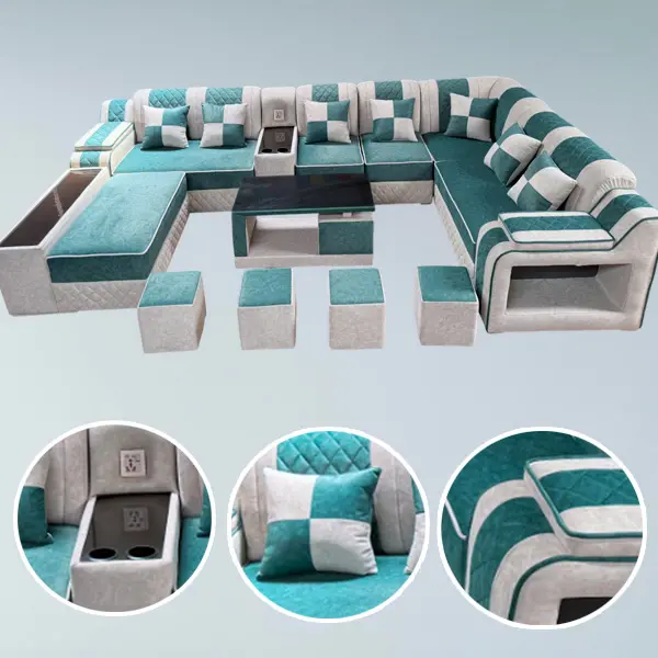 Luxury U-Shaped Sofa Set with Charging Port & Cup Holder